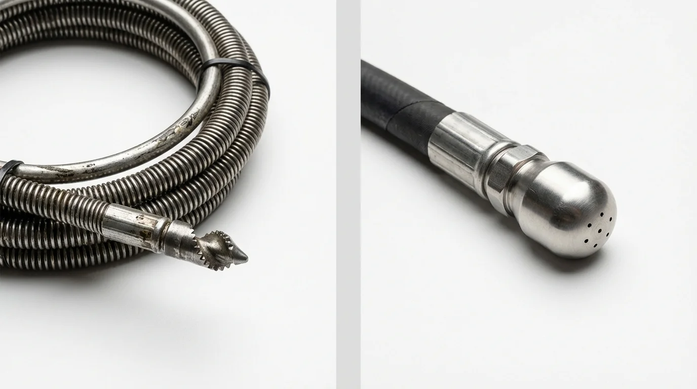 Drain snake cable and hydro jetting nozzle used for drain cleaning in Kittery, ME