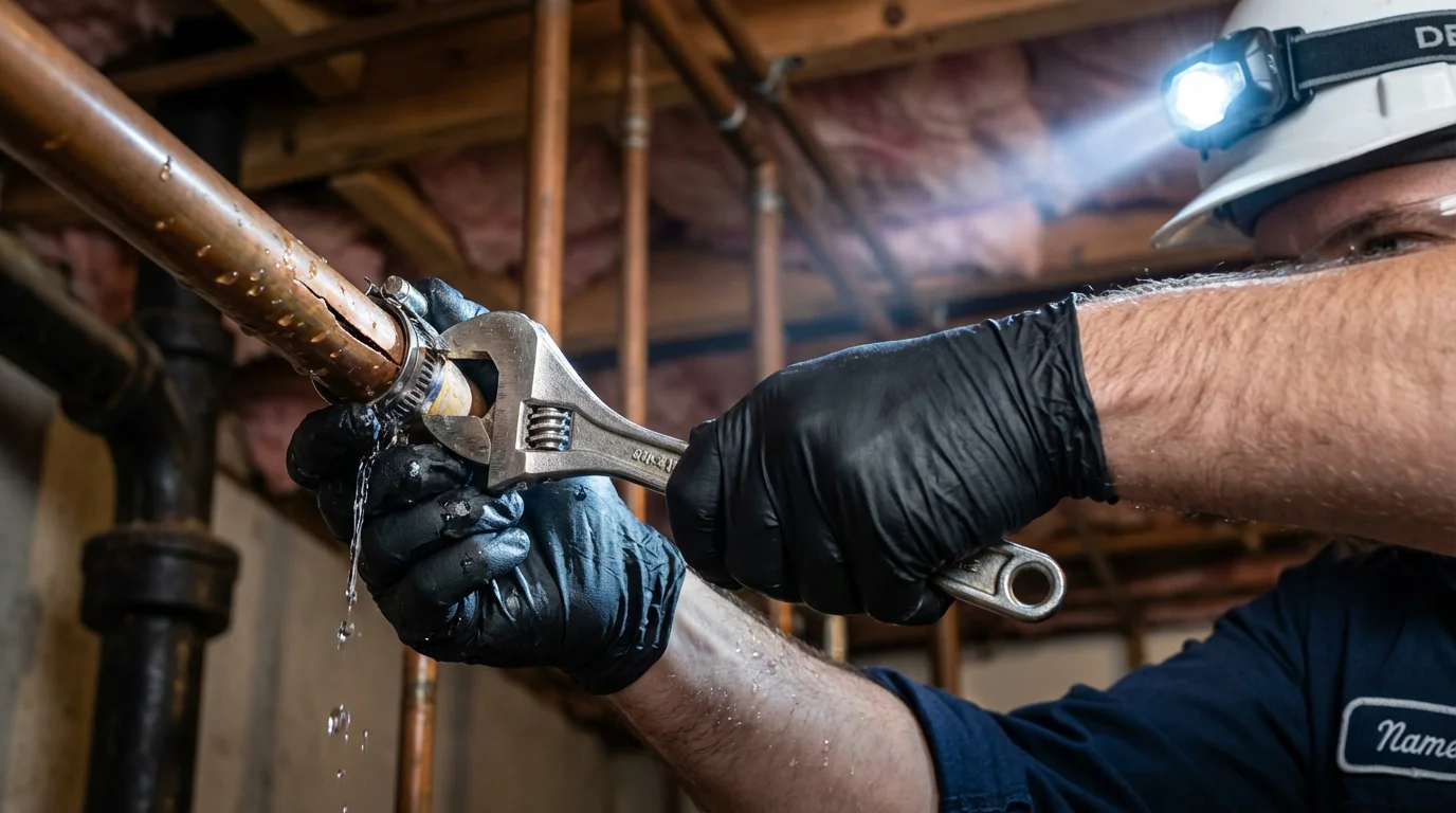 Emergency pipe clamp repair being performed by a Johns Plumbing LLC plumber in Kittery