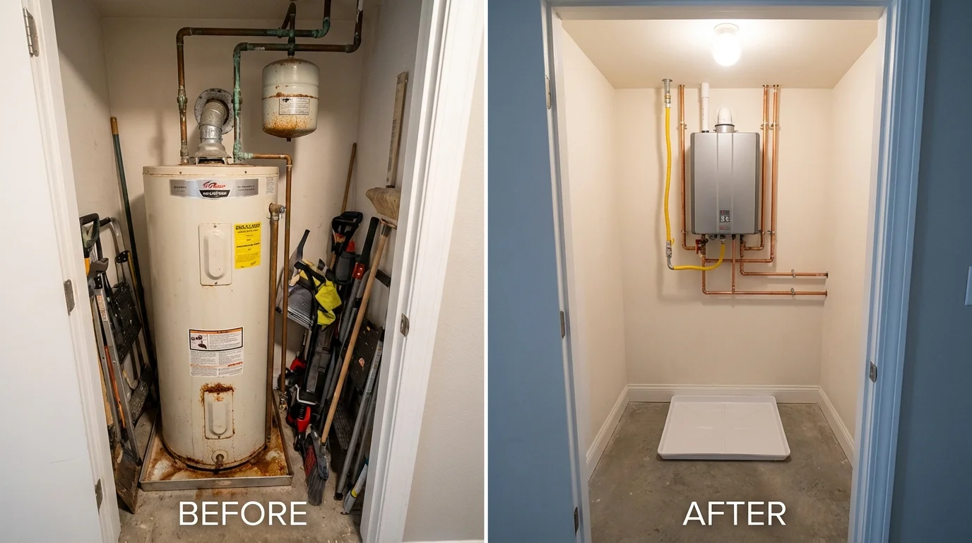 Tank water heater versus wall-mounted tankless unit comparison for Kittery, ME homeowners