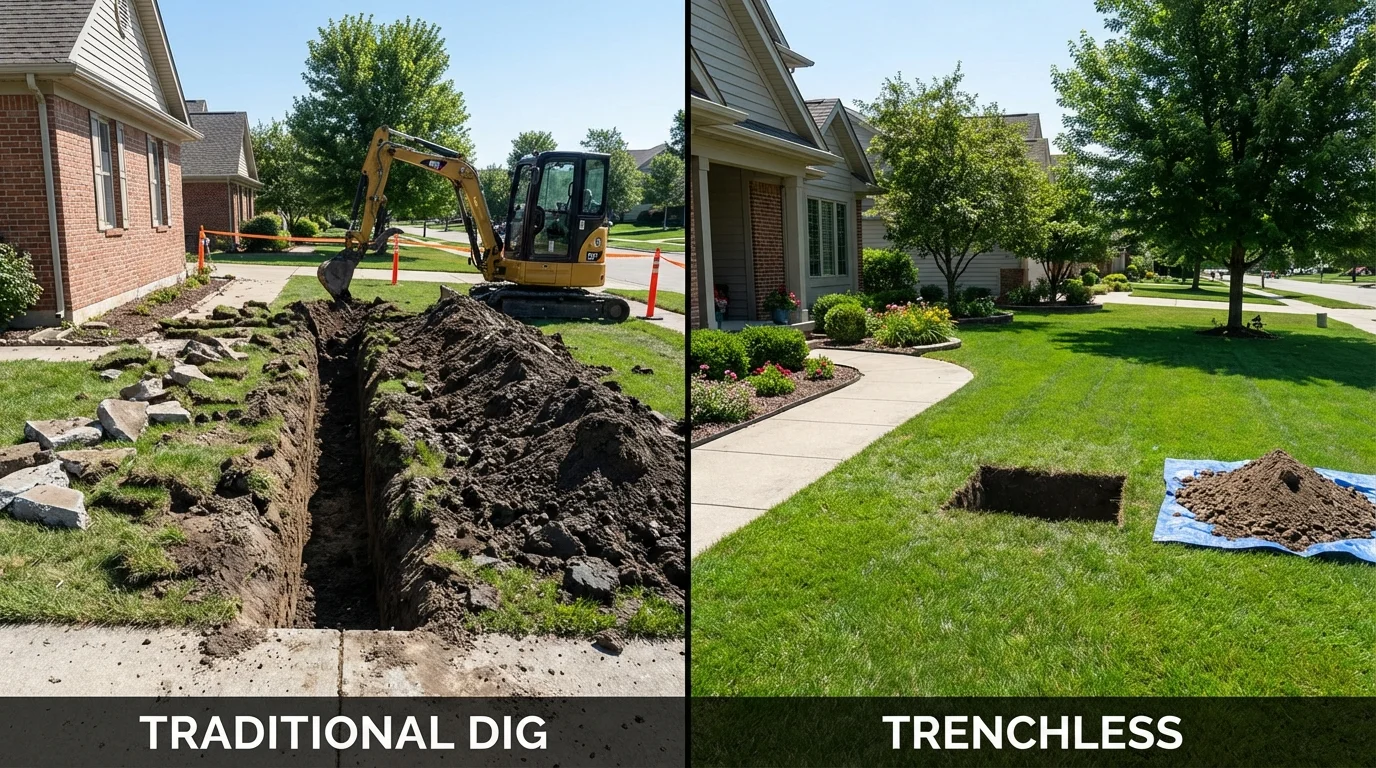 Trenchless sewer repair with minimal yard damage versus traditional excavation in Kittery, ME