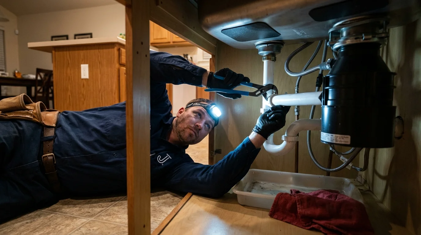 P-trap and supply line connections under a kitchen sink showing a common leak point in Kittery, ME